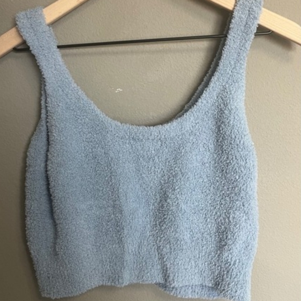 Stars Above Cozy Tank Top, Cropped Fuzzy Baby Blue Lounge/ Pajama Shirt, S/ Med - Picture 3 of 6